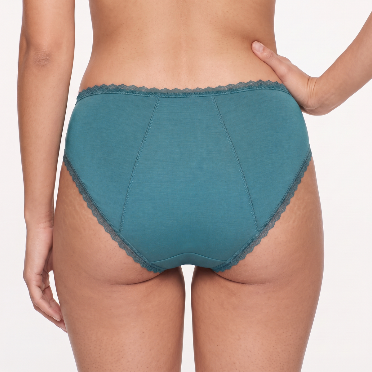 Culotte menstruelle Iris en dentelle émeraude, vue de dos